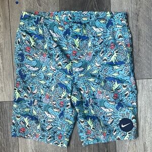 Nike Blue Aqua Shark & dinosaur Print Boy Kids Swim Trunks